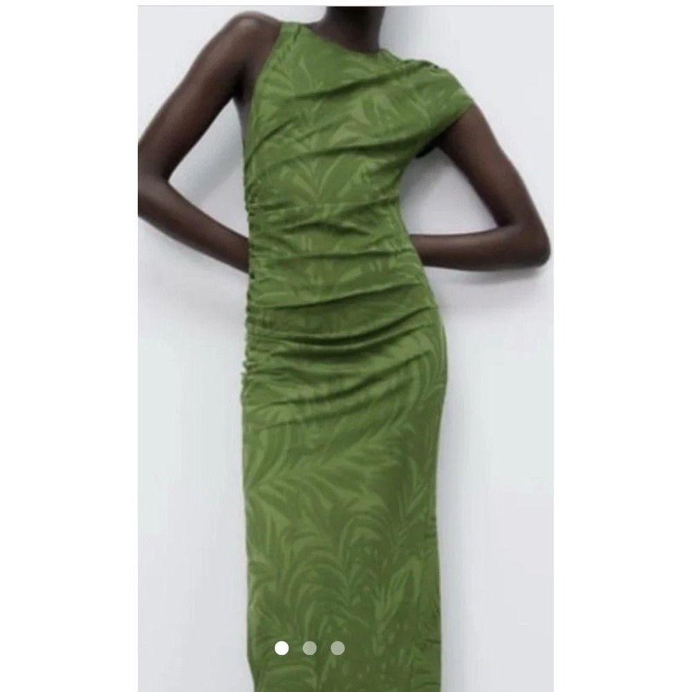 Zara Green Palm Leaves  Long Sleeve Ruched Side Tubular Midi Dress Sz Med - Picture 3 of 13